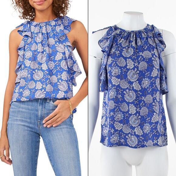 Vince Camuto Printed Ruffle-Trim Top Deep Azure - Picture 1 of 5